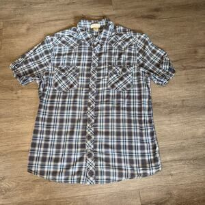 Roebuck & Co Mens XL Blue Gray Plaid Western Pearl Snap Shirt 100% Cotton